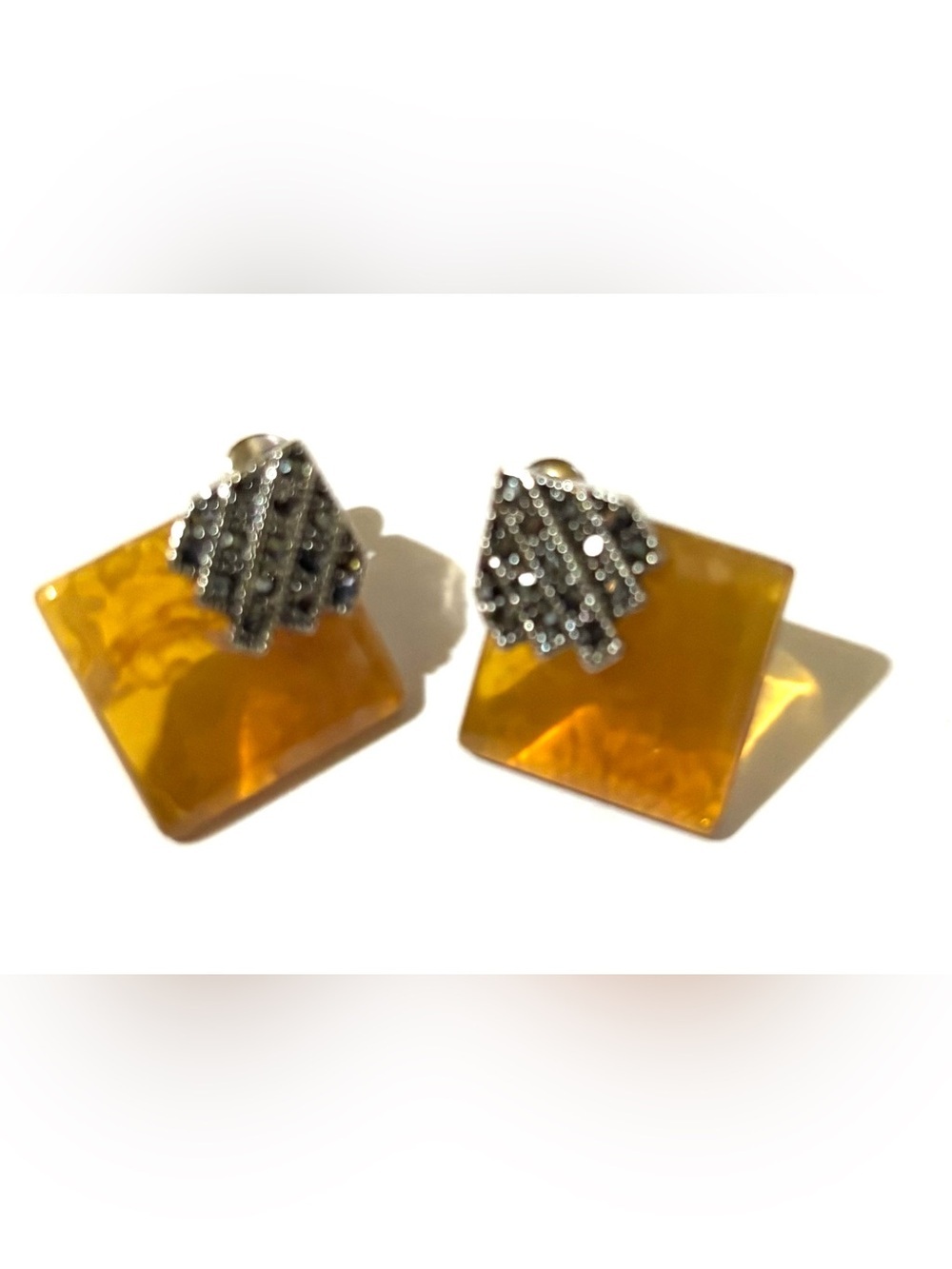 Vintage Golden Amber Square Drop Earrings with Silver Accents